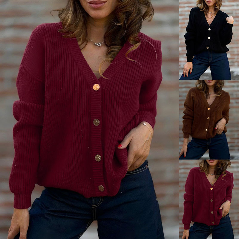 V-Neck Slimming Knit Cardigan Women's Long Sleeve Sweater Coat