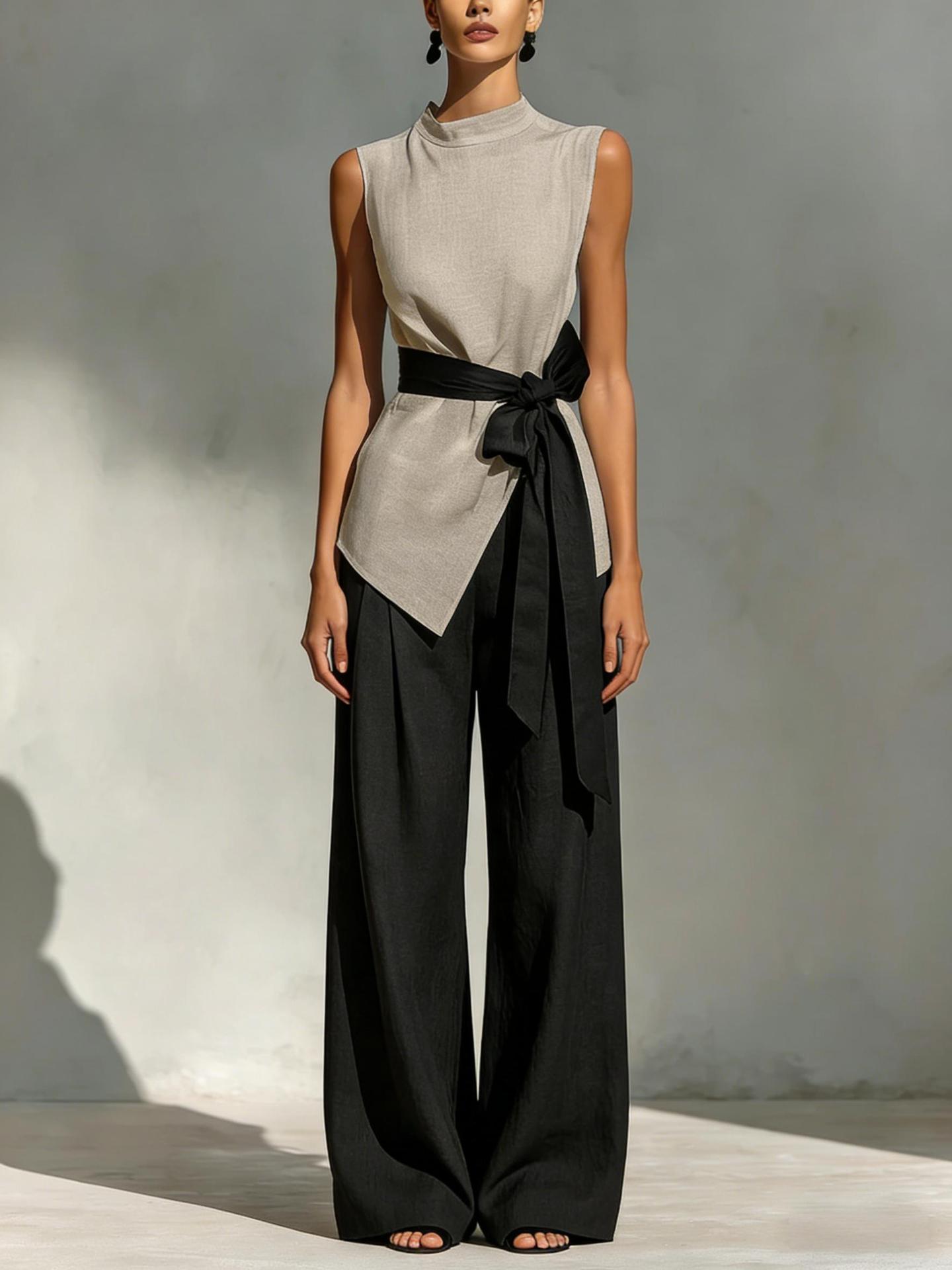 Tencel Linen Sleeveless Tie Top & Wide-Leg Pants Set