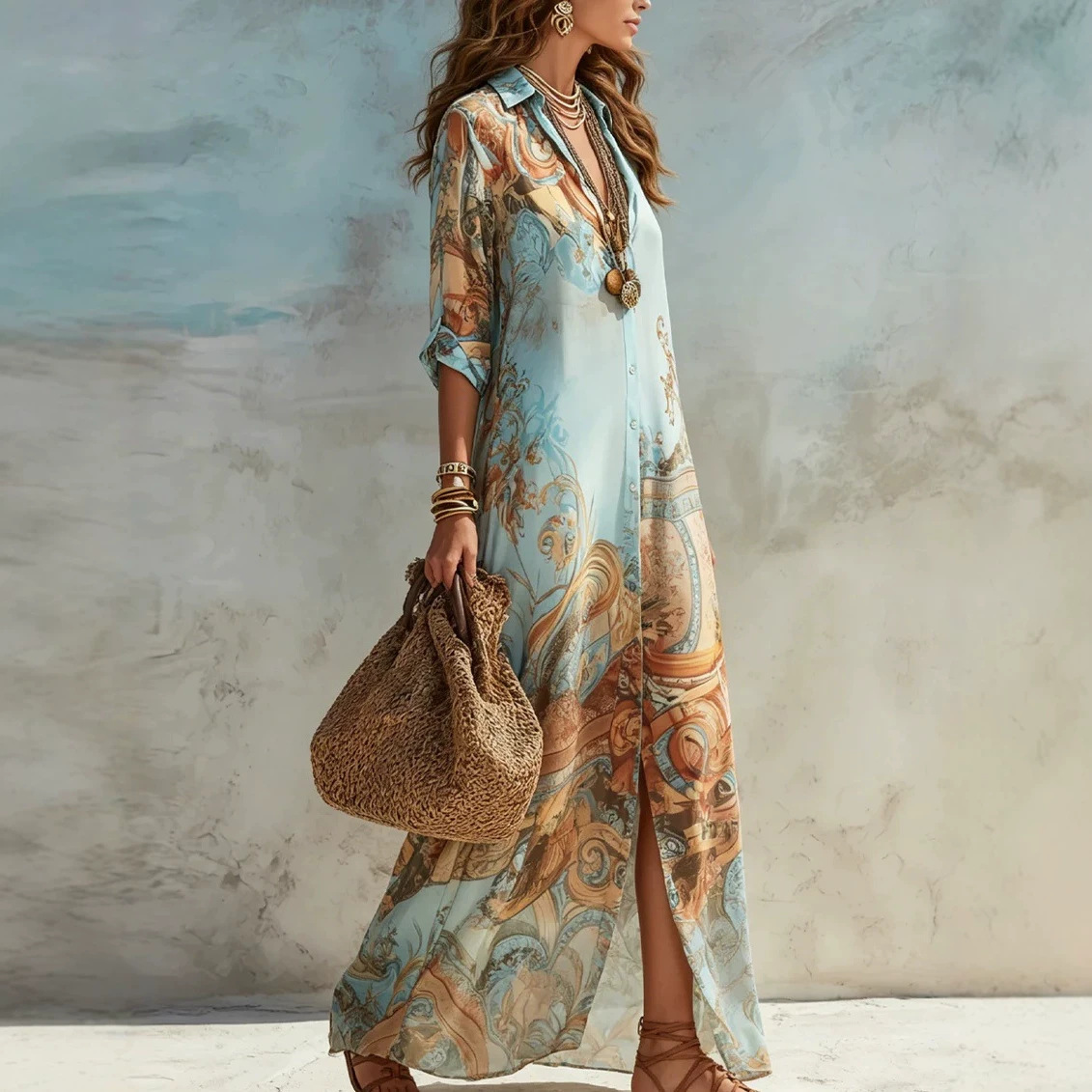 Fresh Retro Digital Print Flowy Midi Dress