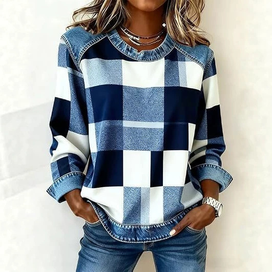 Women's Plaid Color-Block Print Casual Hoodie