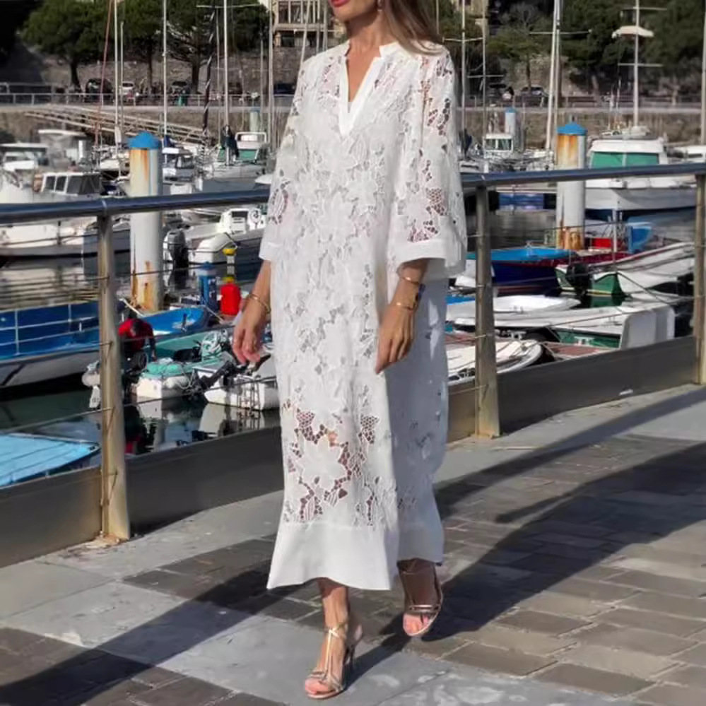 V-Neck Long Sleeve Lace Hollow-Out Maxi Dress