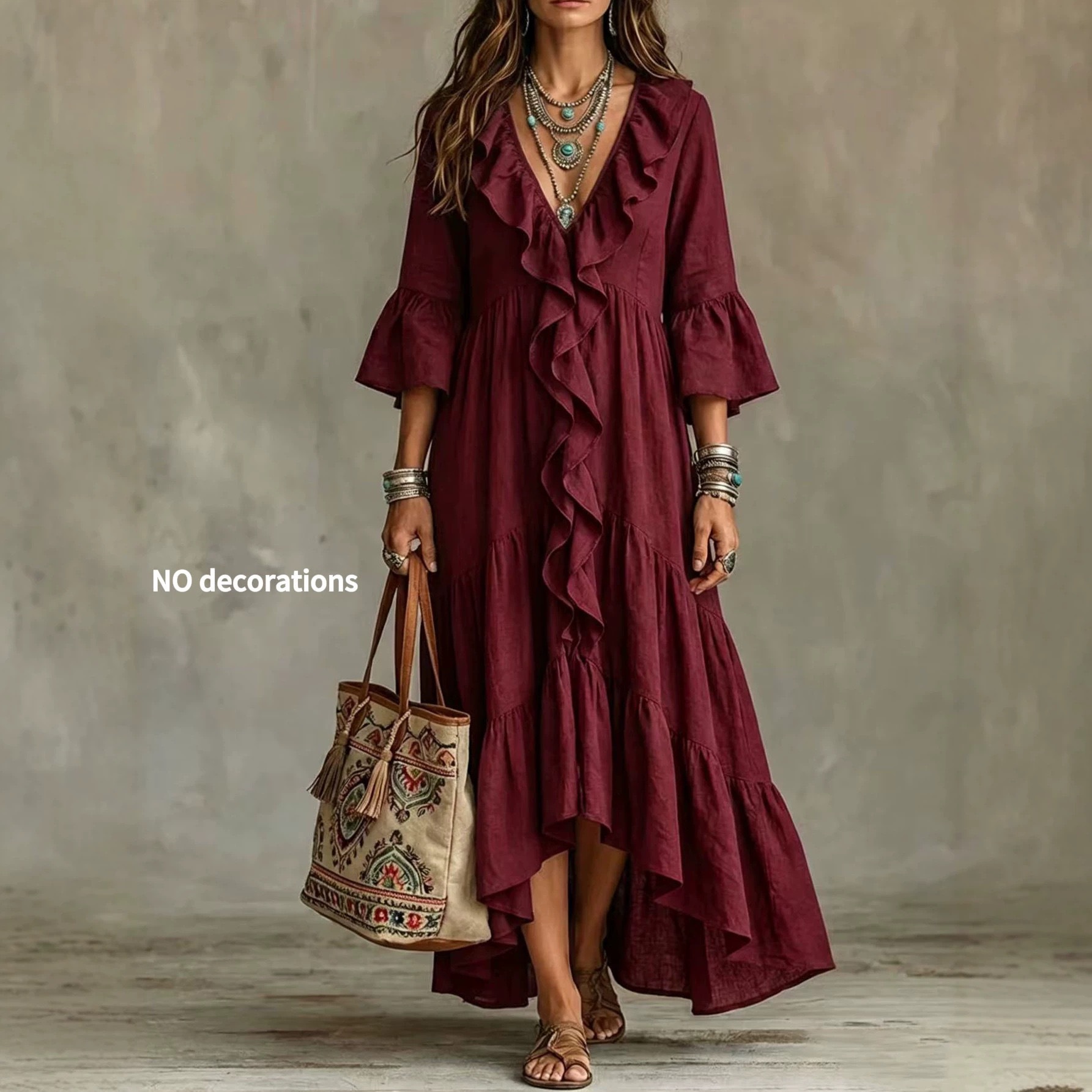 V-Neck Ruffle Bell Sleeve Midi Dress