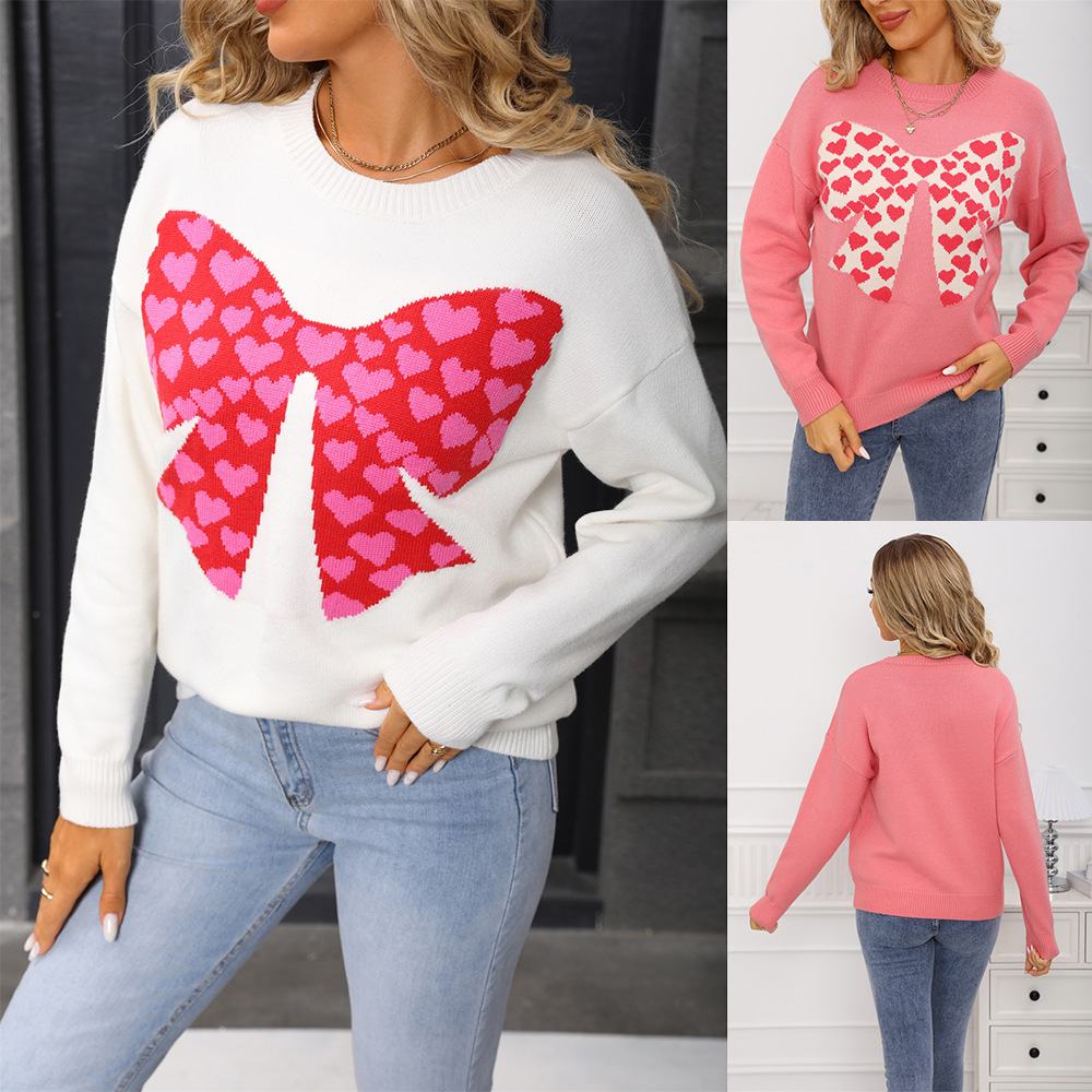 Women's Crewneck Long Sleeve Bow Heart Knit Sweater