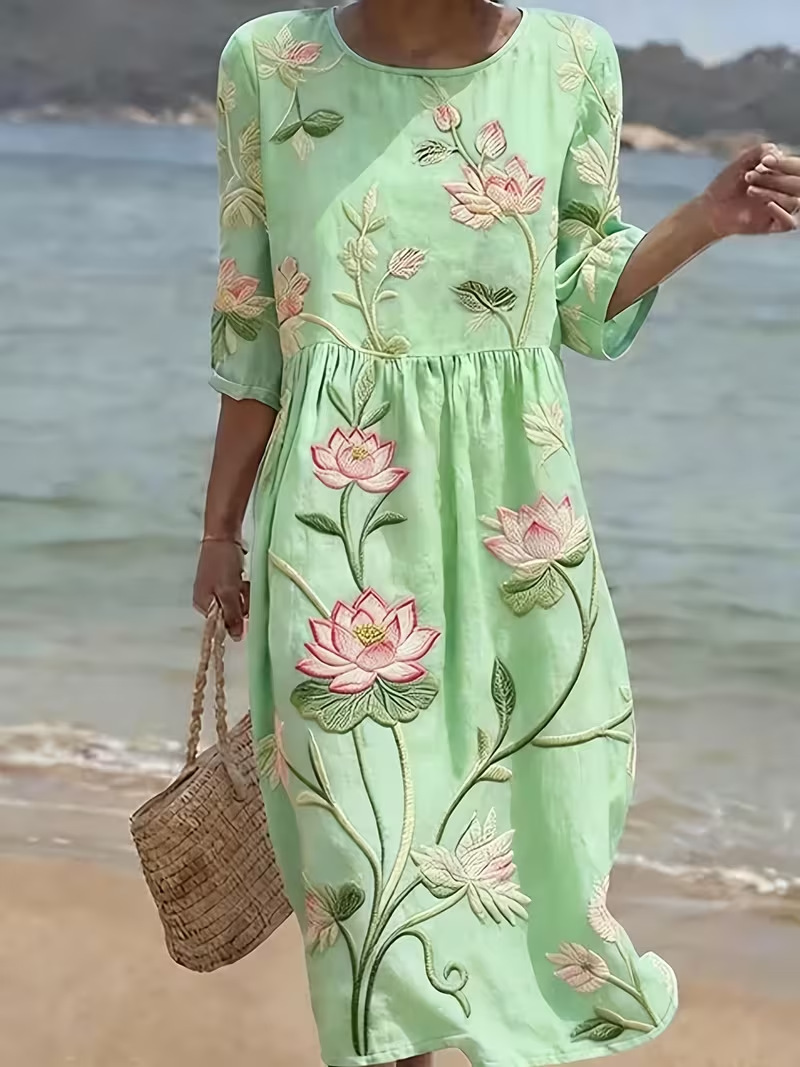 Women's Floral Pleated Midi Dress Round Neck Five-Sleeve Slim Fit