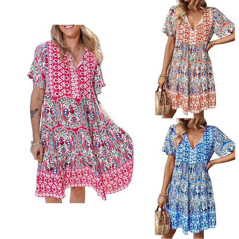 V-Neck Boho Geometric Print Loose Short Dress