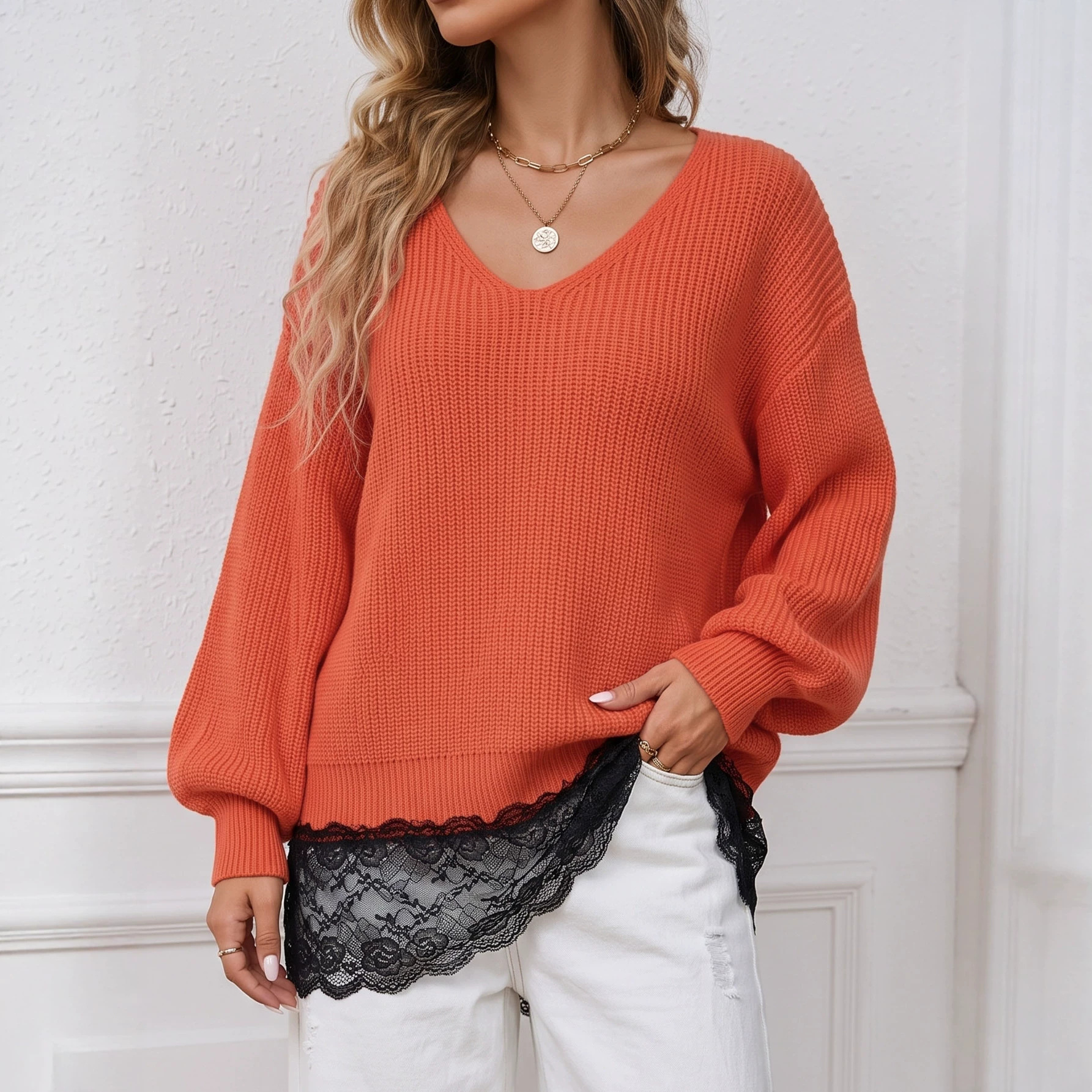 Women's Lace-Trim Faux-Layer Knit Sweater