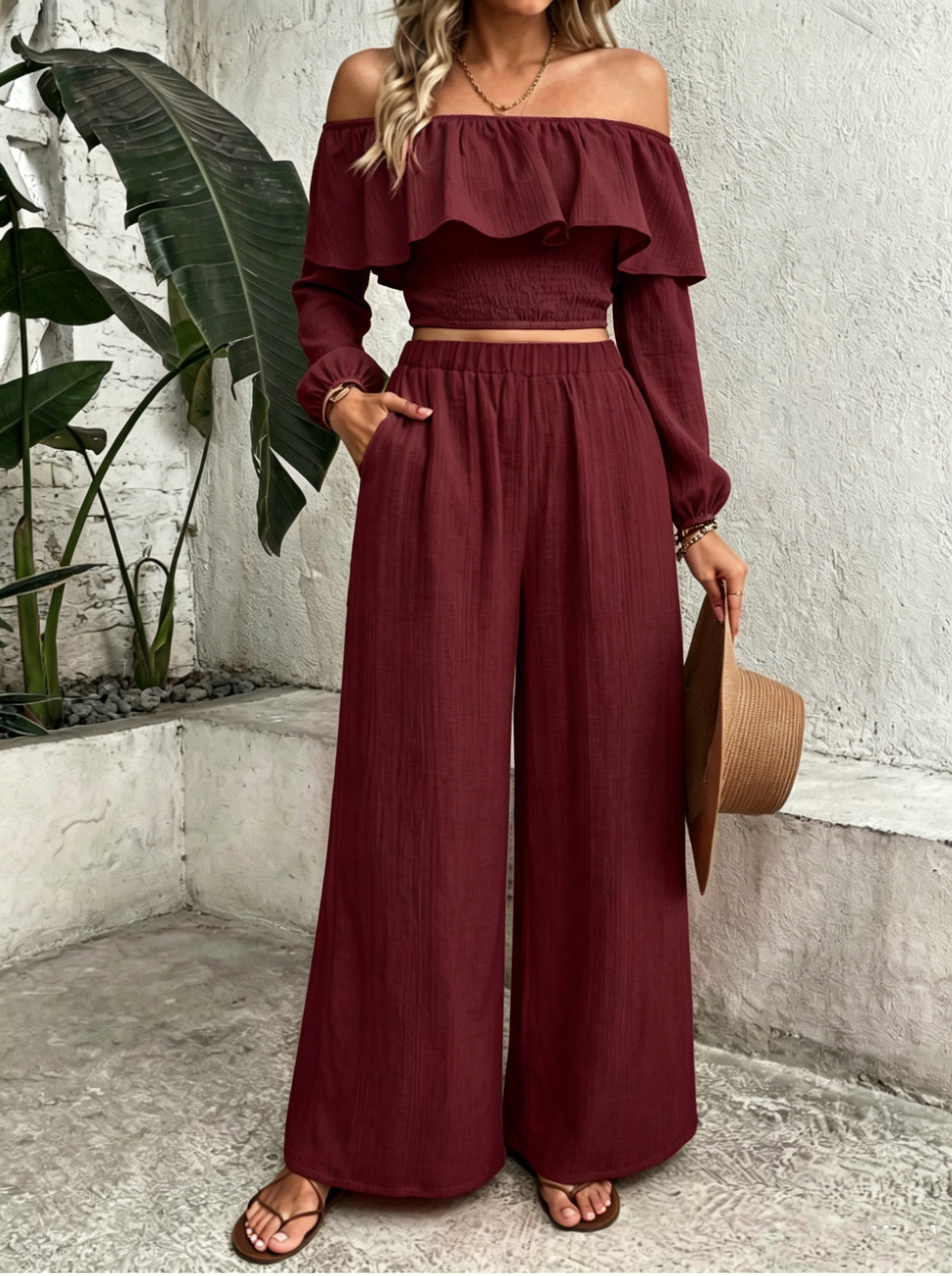 Women's Boho Off-Shoulder Ruffle Top & High-Waist Wide-Leg Pants Set