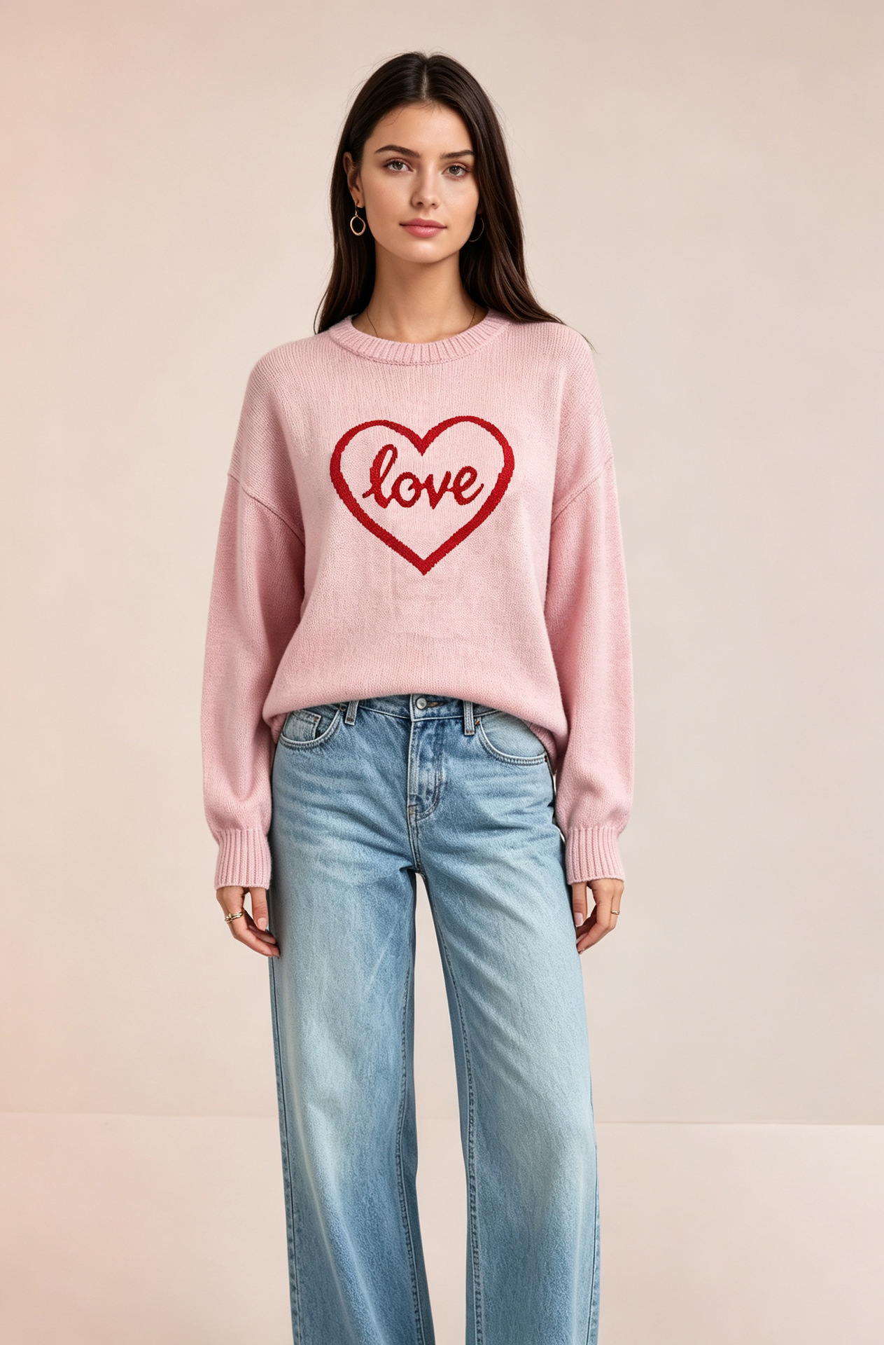 Heart Knit Sweater for Women Crewneck Long Sleeve Pullover
