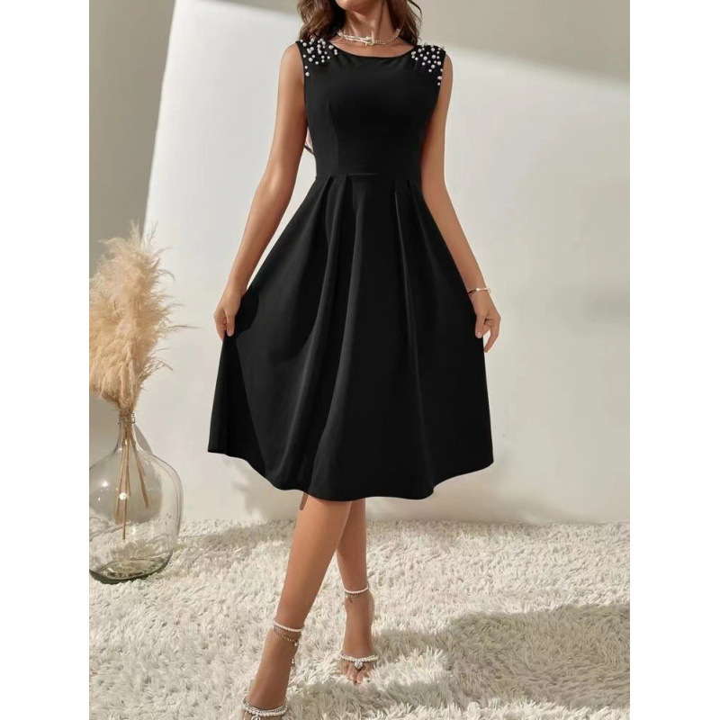 Women's Sleeveless Beaded Round Neck Slim Fit Midi Dress