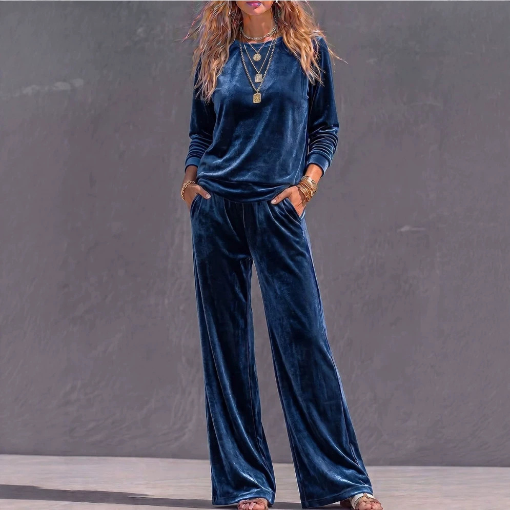 Women's Velvet Crewneck Long Sleeve Top and Pants Set