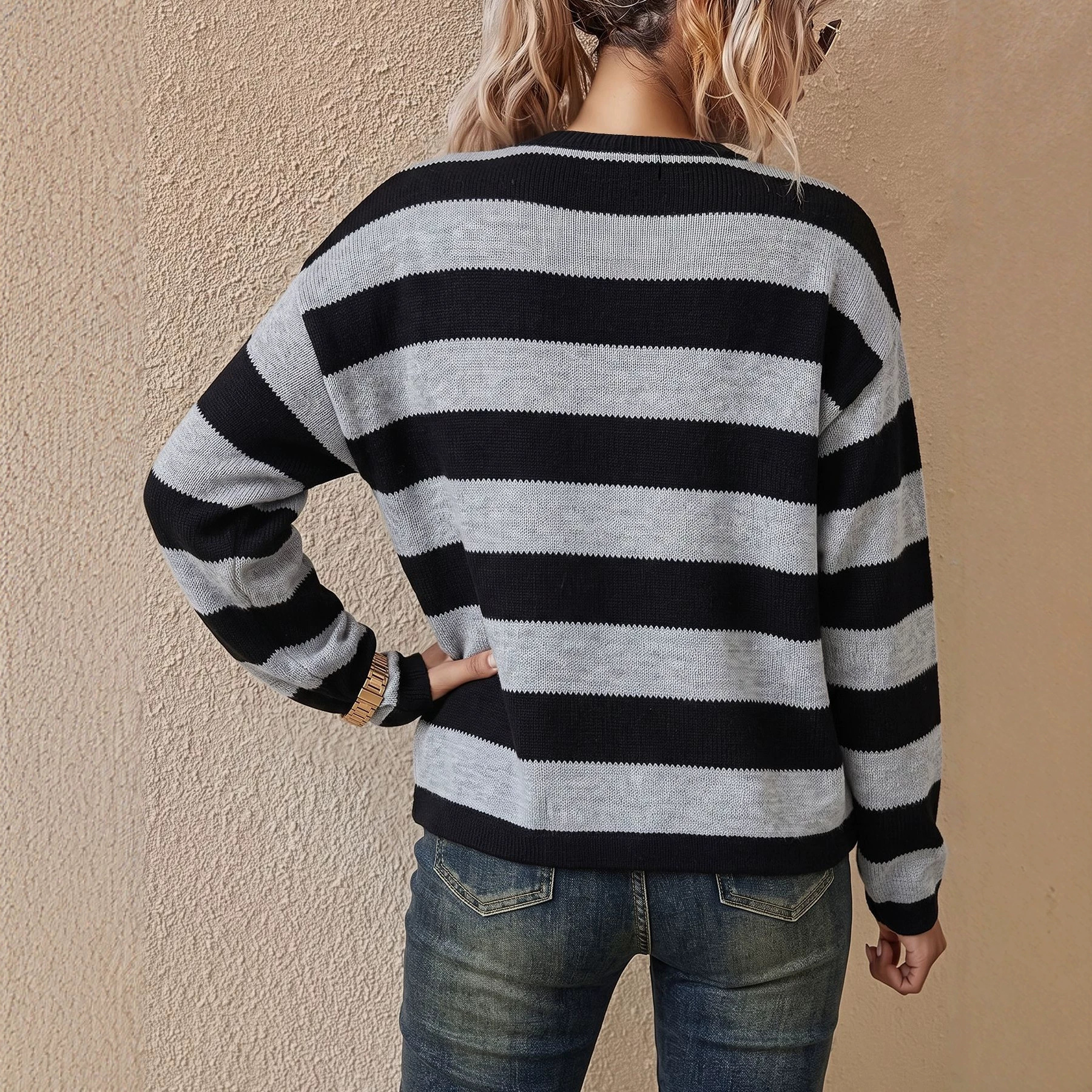 V-Neck Striped Knit Sweater Lightweight Irregular Loose Long Sleeve