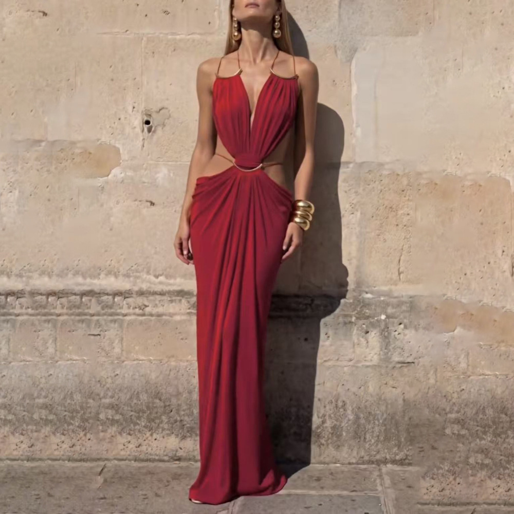 Women's Sexy Cutout Waist Long Evening Dress Slim Fit Solid Color
