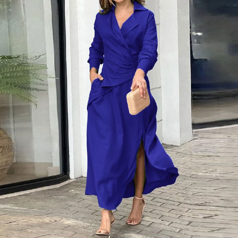 Women's Solid V-Neck Waist-Cinched Slit Midi Dress