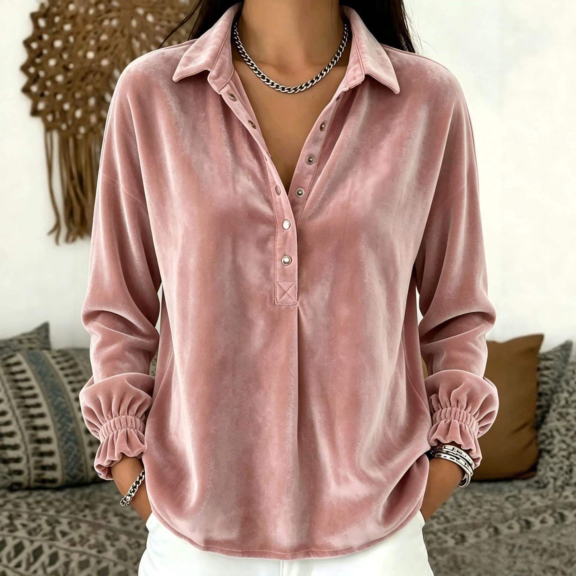 Velvet Button-Front Polo Sweatshirt Long-Sleeve Loose Fit Top