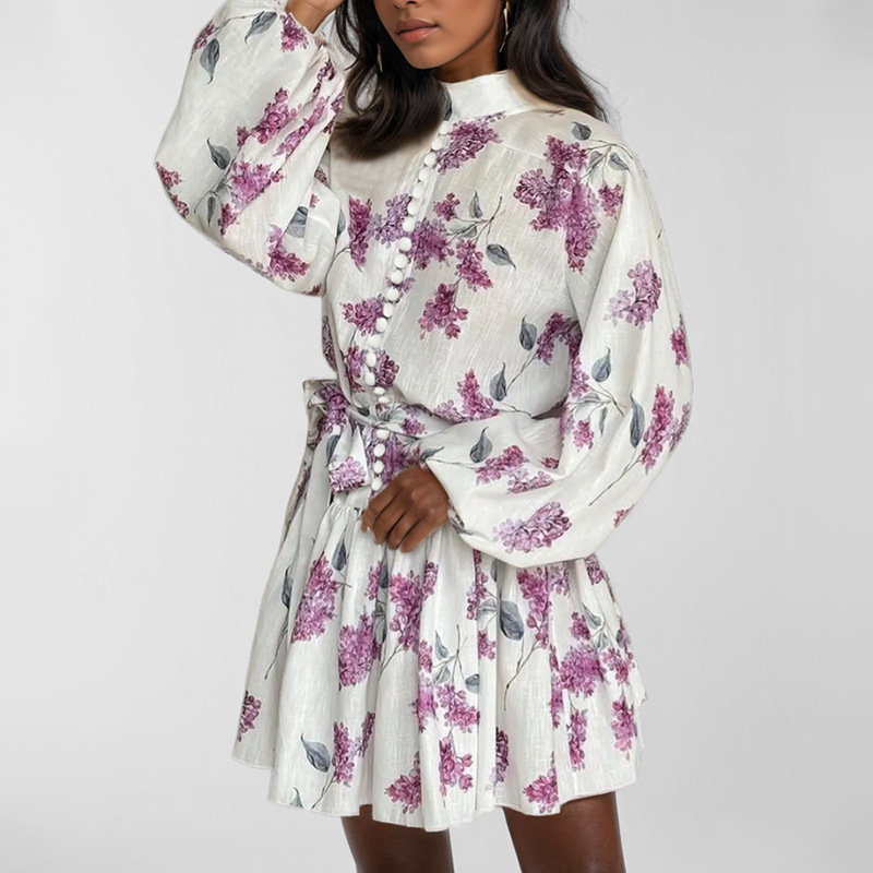 Elegant Long-Sleeve Tie-Front Dress with Traditional Print