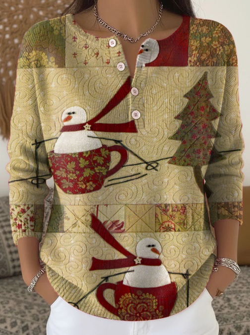 Women's Christmas Tree Snowman Scarf Print Button Sweatshirt