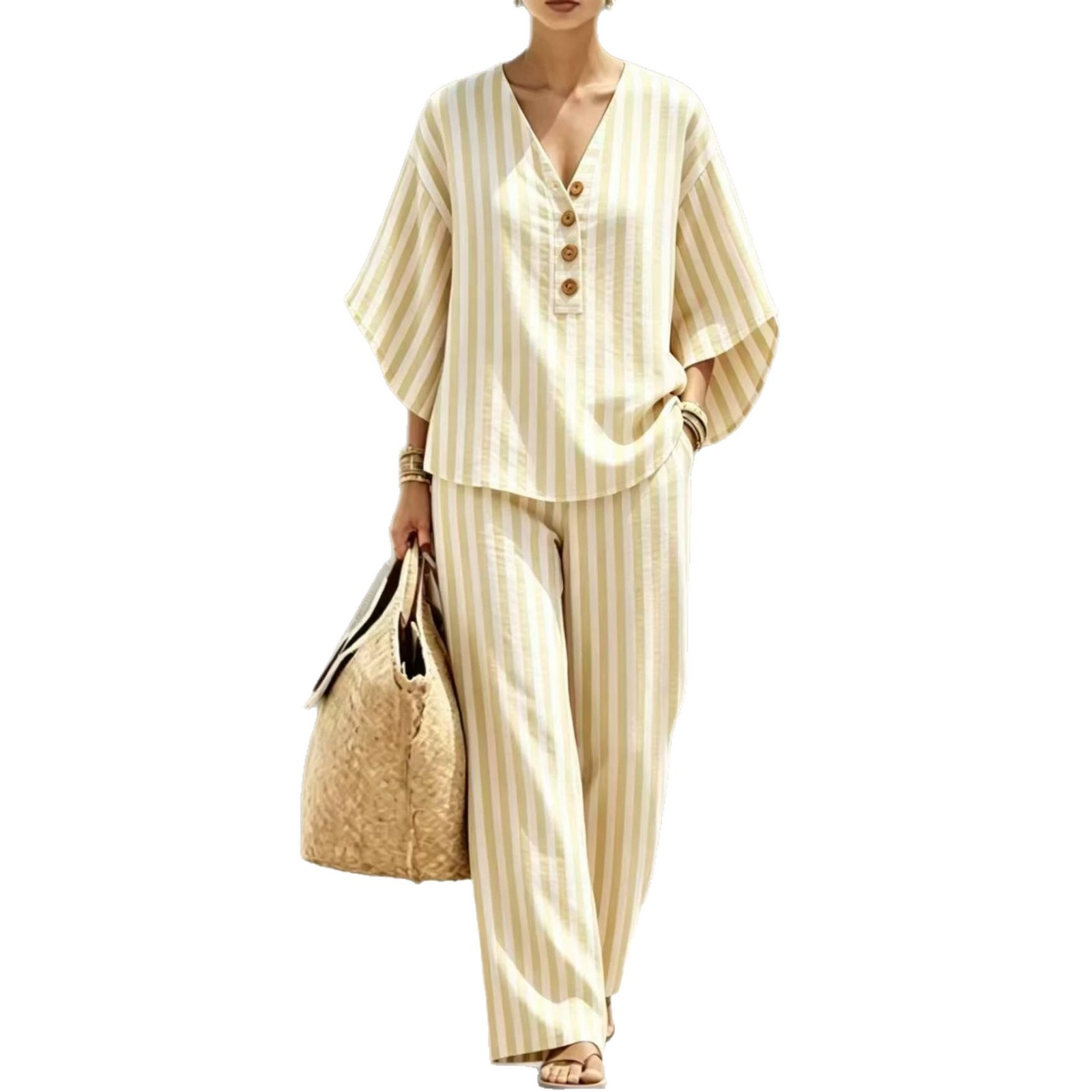 Women's Striped Print Three-Button Pant Set with Mid-Sleeve Top