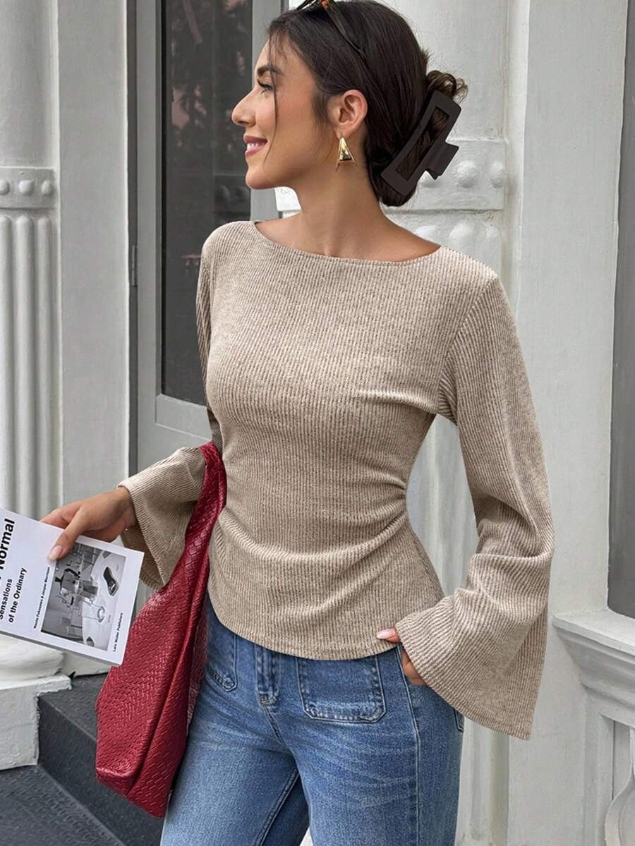 Women's Solid Off-Shoulder Bell Sleeve Cinched Waist Top