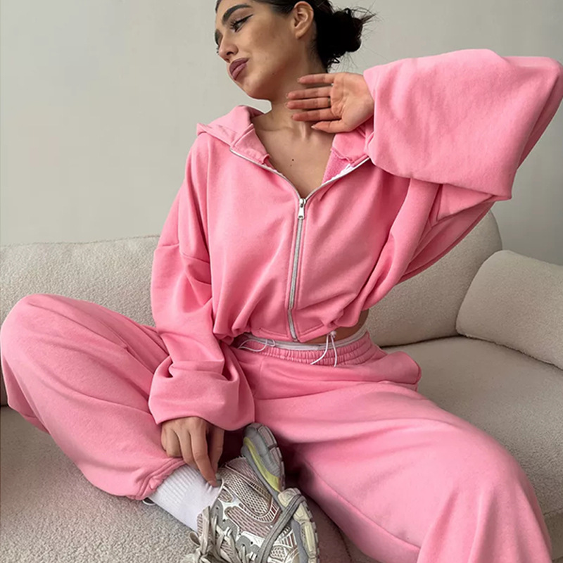 Women's Solid Color Zip-Up Hoodie and Drawstring Jogger Two-Piece Set