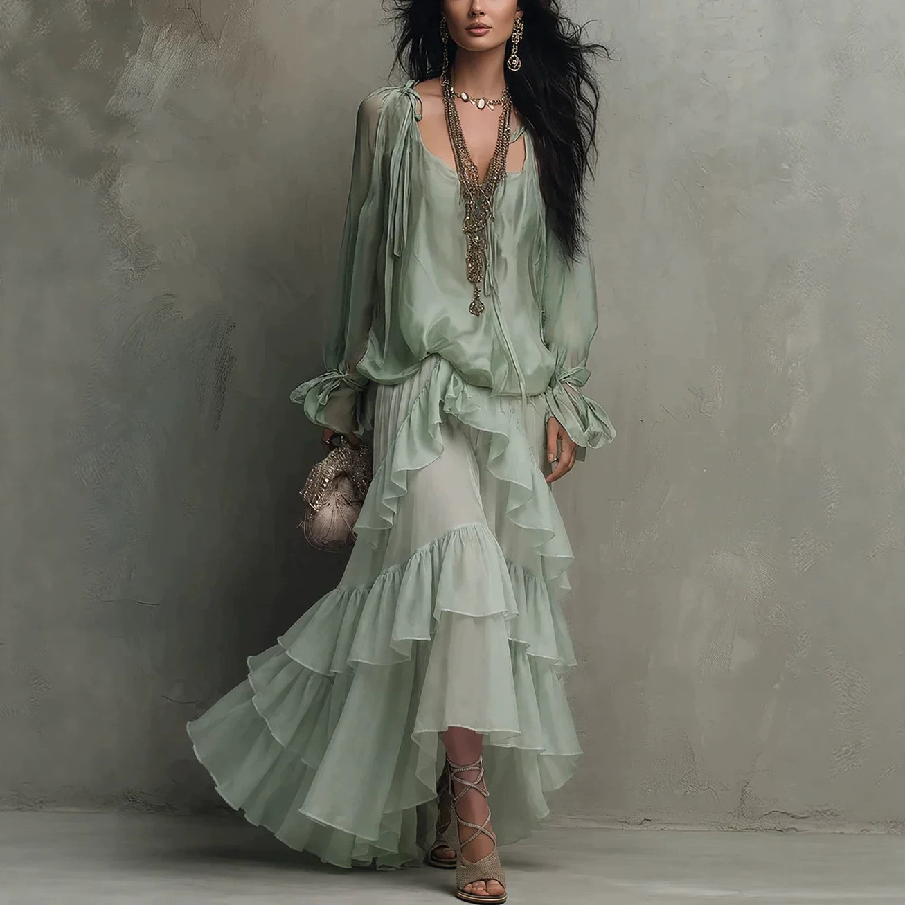 Bohemian Mint Green Chiffon Sun Protection Cardigan Cami Layered Ruffle Maxi Dress Set