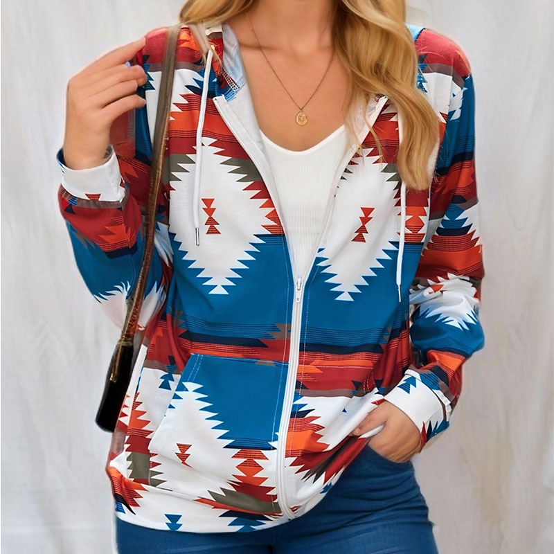 Colorblock Print Hooded Zip Jacket Loose Fit Long Sleeve