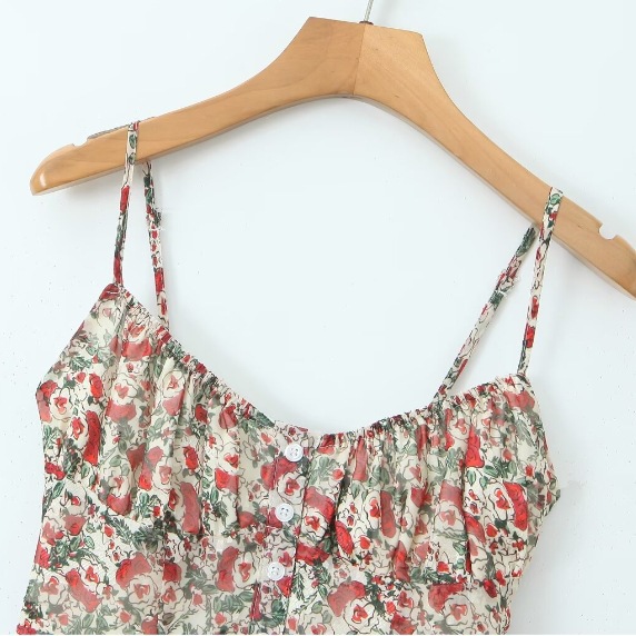 Women's Floral Spaghetti Strap Midi Dress with Elastic Straps