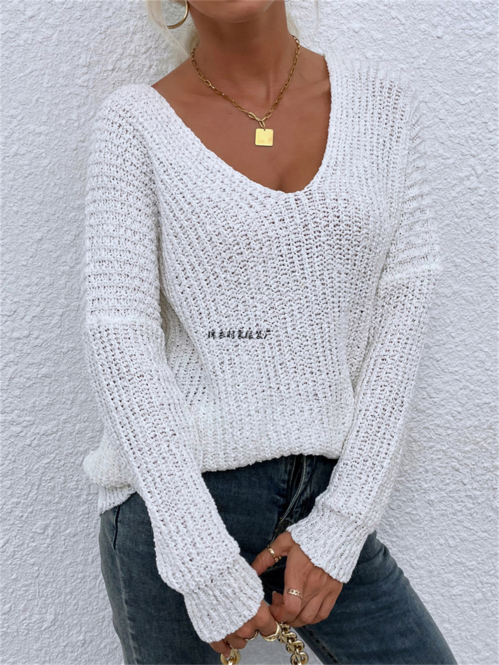 V-Neck Fuzzy Knit Pullover Sweater Solid Color