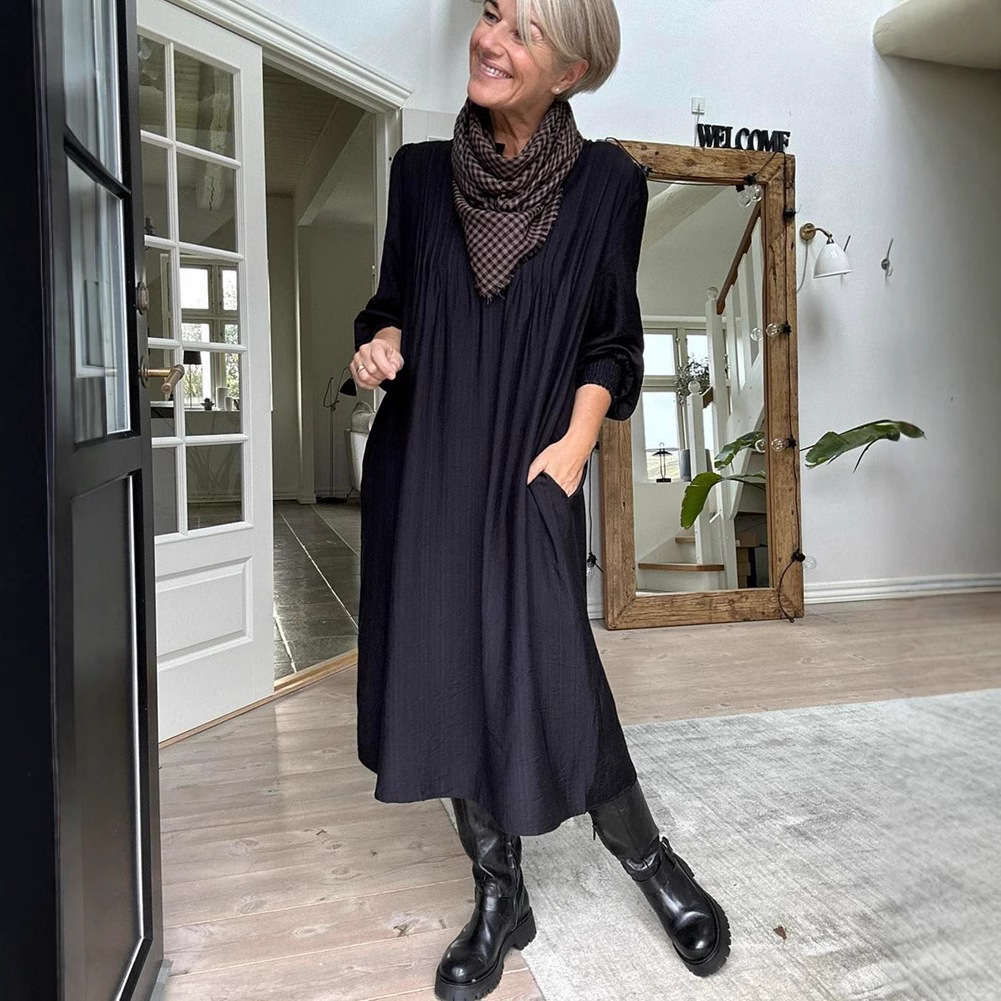 Solid Button-Neck Long-Sleeve Maxi Dress