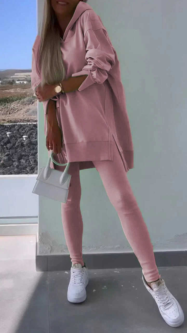 Women's Casual Hooded Split Top and Leggings Two-Piece Set