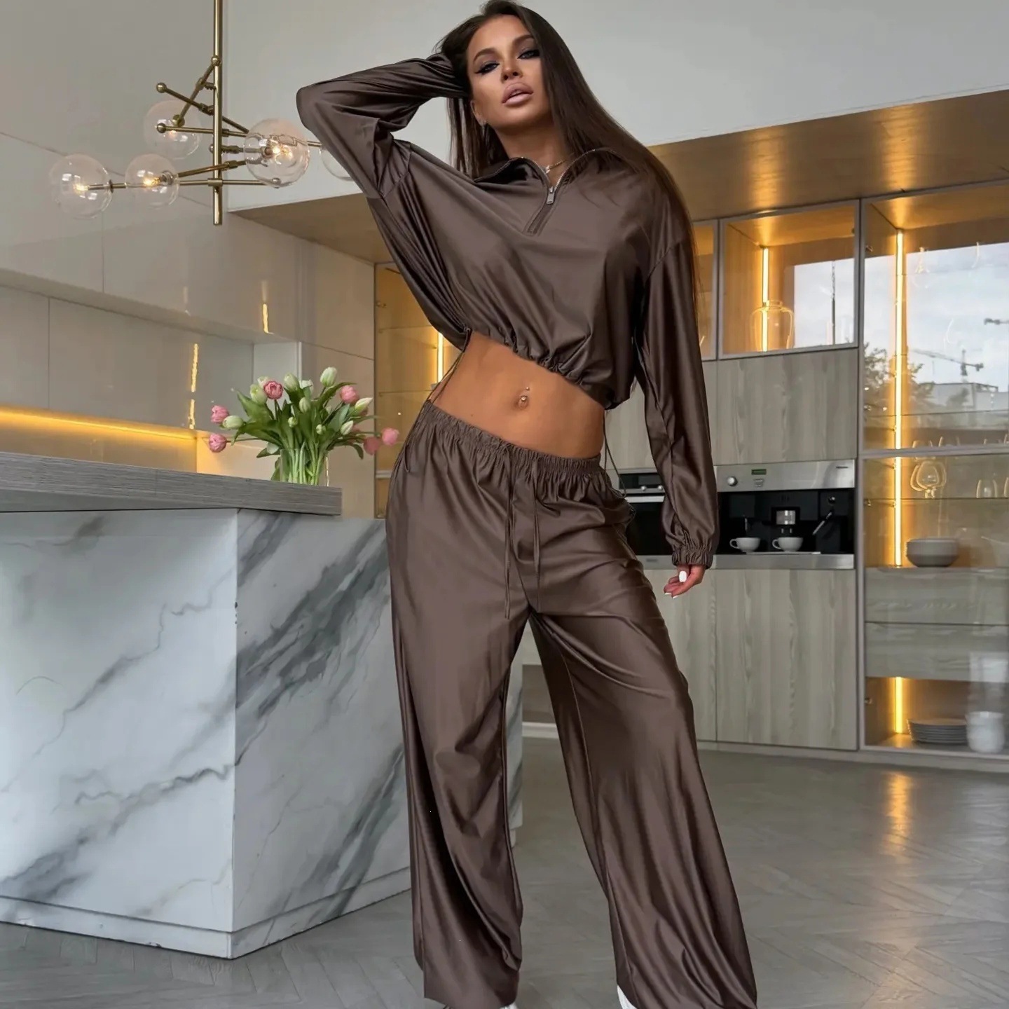 Women's Solid Color Long Sleeve Zip Cardigan and Wide-Leg Pants Lounge Set