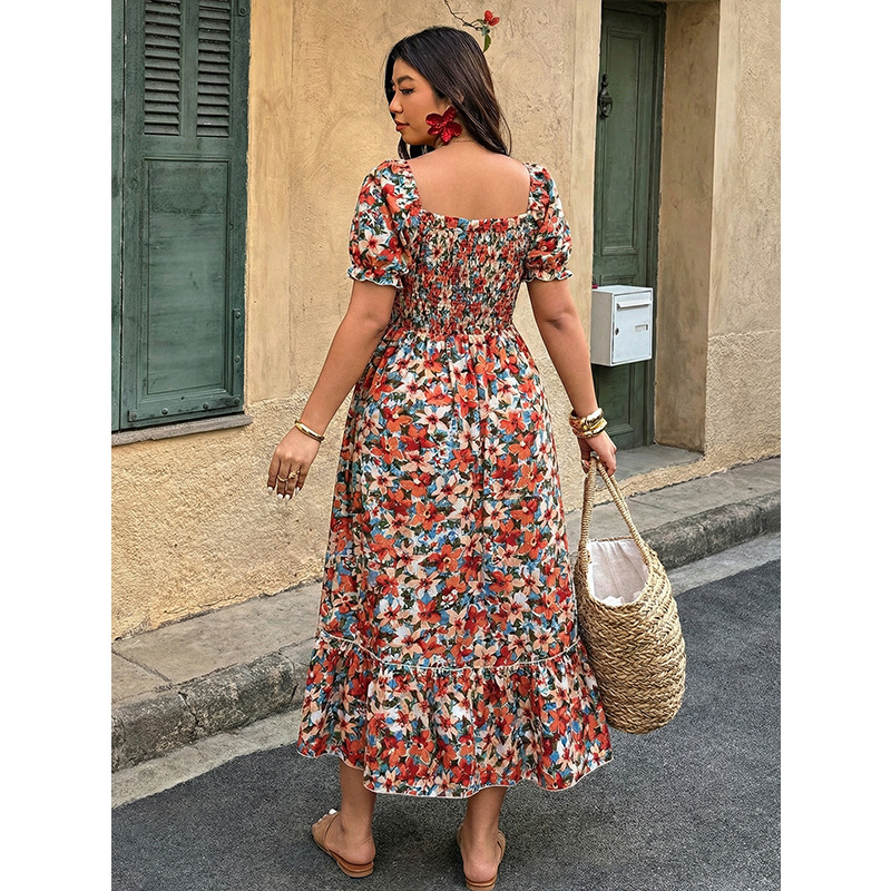 Plus Size Floral Square Neck Puff Sleeve A-Line Midi Dress