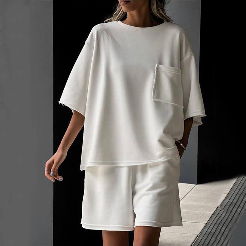 Women's Casual Summer Two-Piece Set Solid Crew Neck Short Sleeve Elastic Waist Shorts