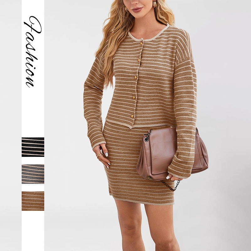 Striped Knit Cardigan and Skirt Set