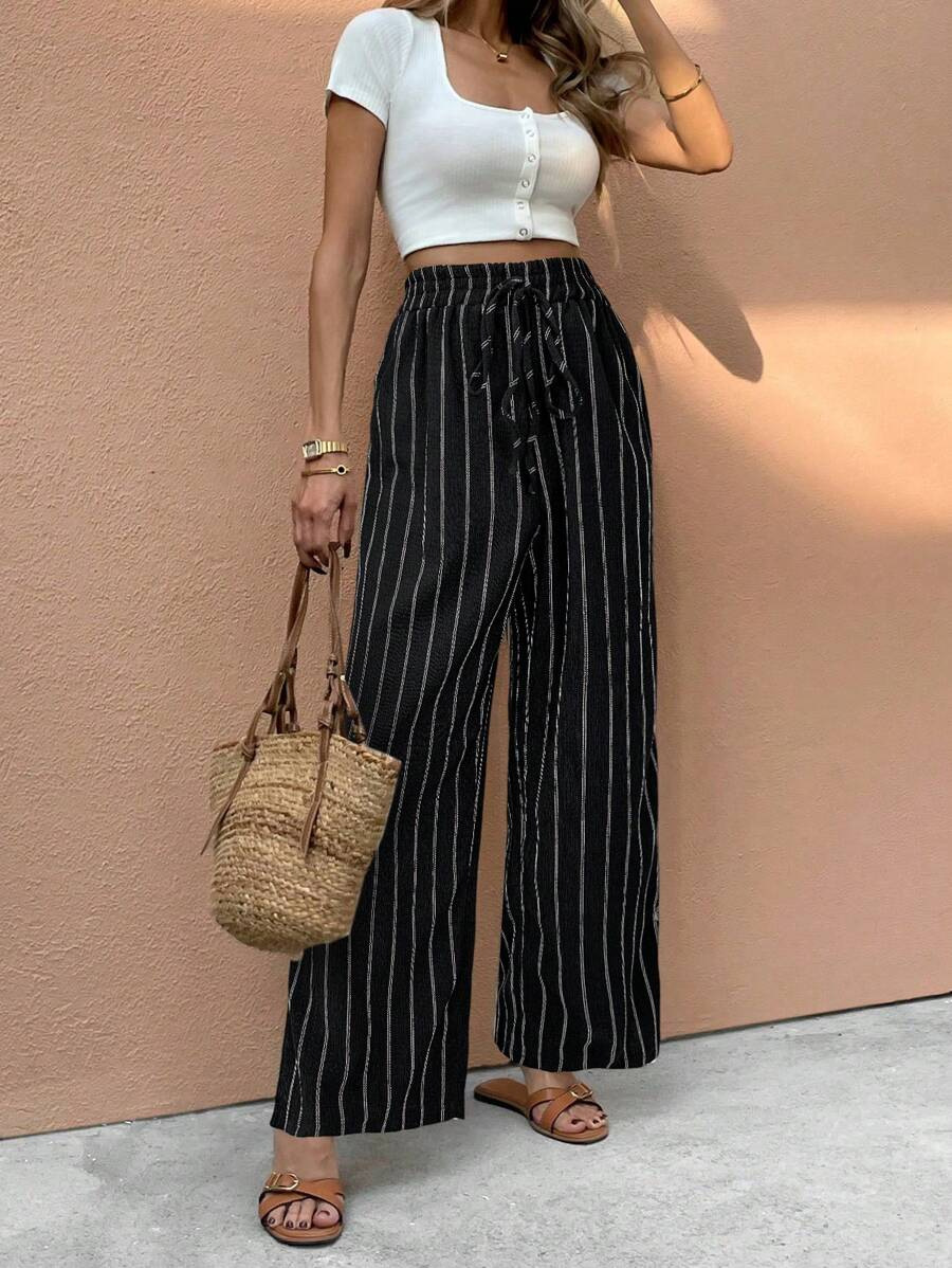 Striped Wide-Leg Tie-Waist Casual Pants