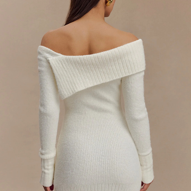Solid Off-Shoulder Knit Bodycon Long-Sleeve Mini Dress