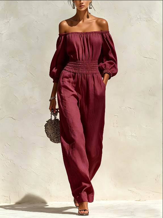 Women's Off-Shoulder Long Sleeve Wide Leg Jumpsuit with Elastic Waist