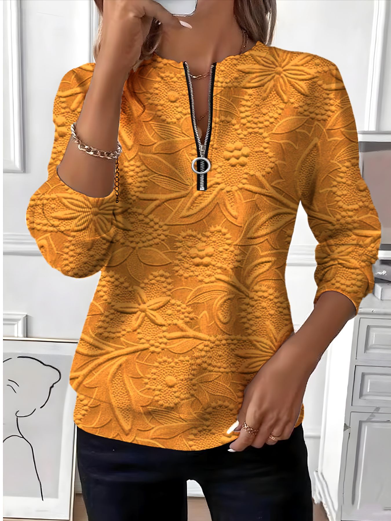 Retro Leaf Floral Print Half-Zip Hoodie for Women