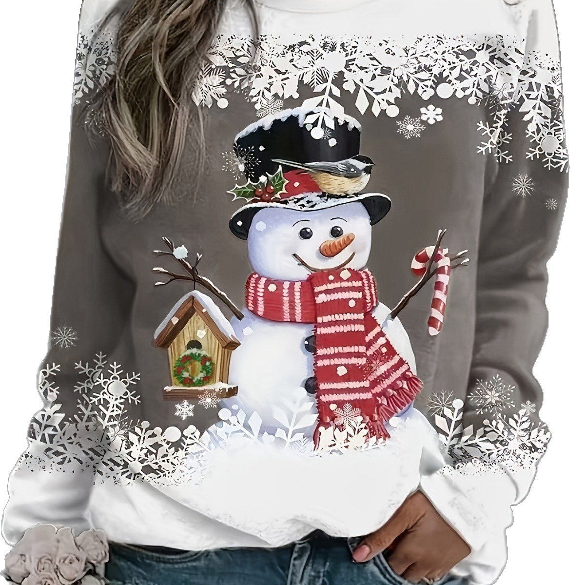 Women's Snowman Snowflake House Print Crewneck Sweatshirt