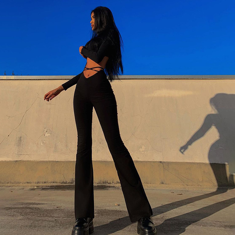 Women's Sexy High-Waist Cross-Strap Flare Pants Solid Casual Long Trousers