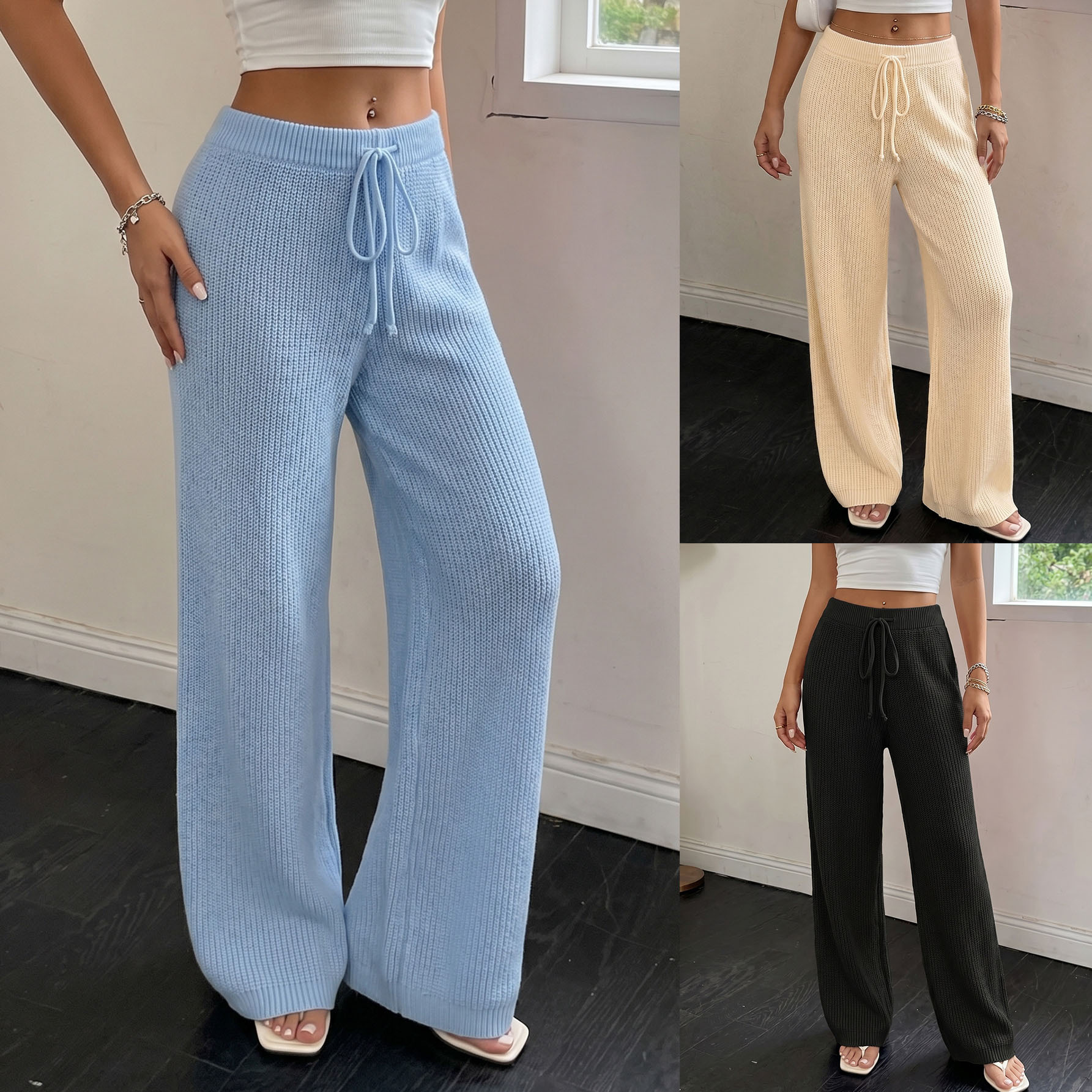 Women's Comfortable Knit Drawstring Straight-Leg Sweater Pants