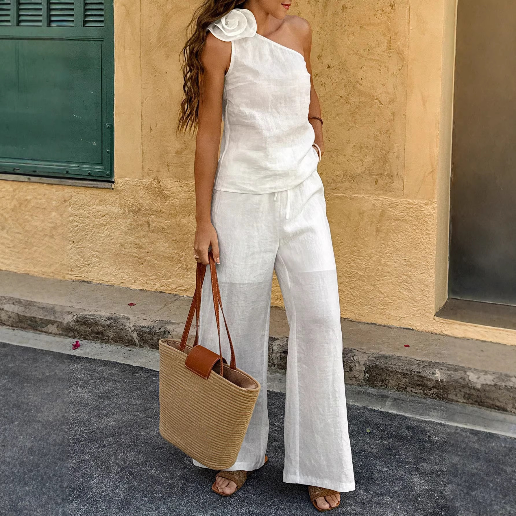 Women's One-Shoulder Sleeveless Fitted Top and Wide-Leg Pants Set