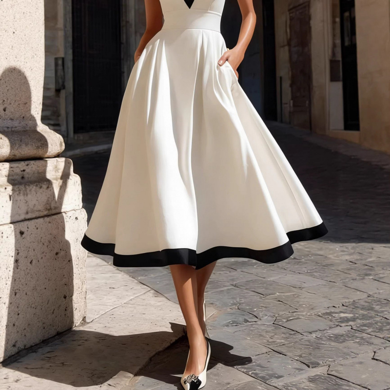 Color-Block V-Neck Sleeveless Midi Dress