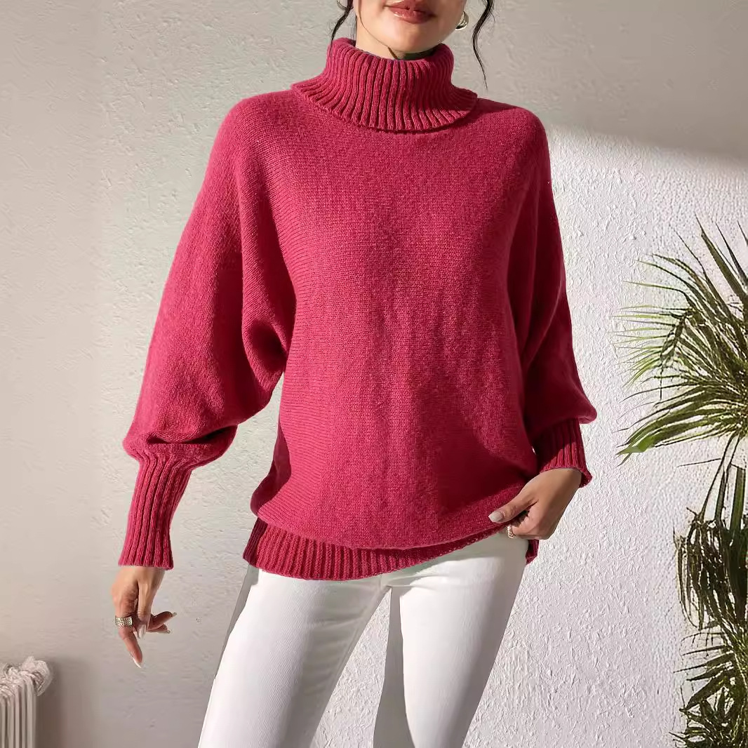 Women's Turtleneck Batwing Sleeve Pullover Sweater Solid Color Minimalist
