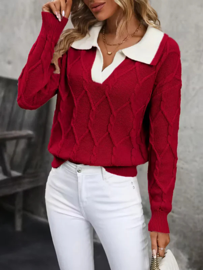 Elegant Color-Block Lapel Collar Long-Sleeve Knit Sweater