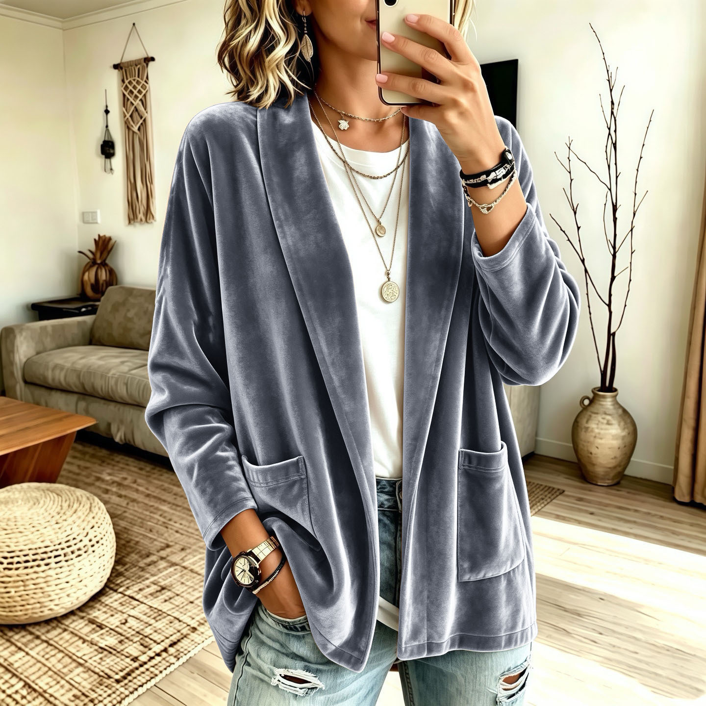 Women's Velvet Long Sleeve Open Front Cardigan Jacket