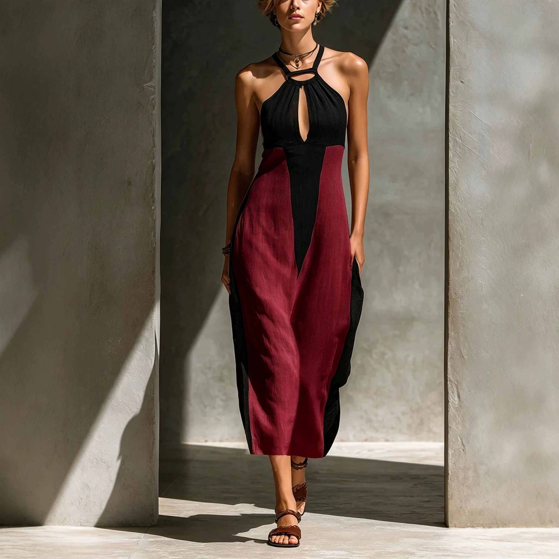 Women's Sleeveless Linen Blend Maxi Dress Colorblock Cutout Slim Fit Vacation
