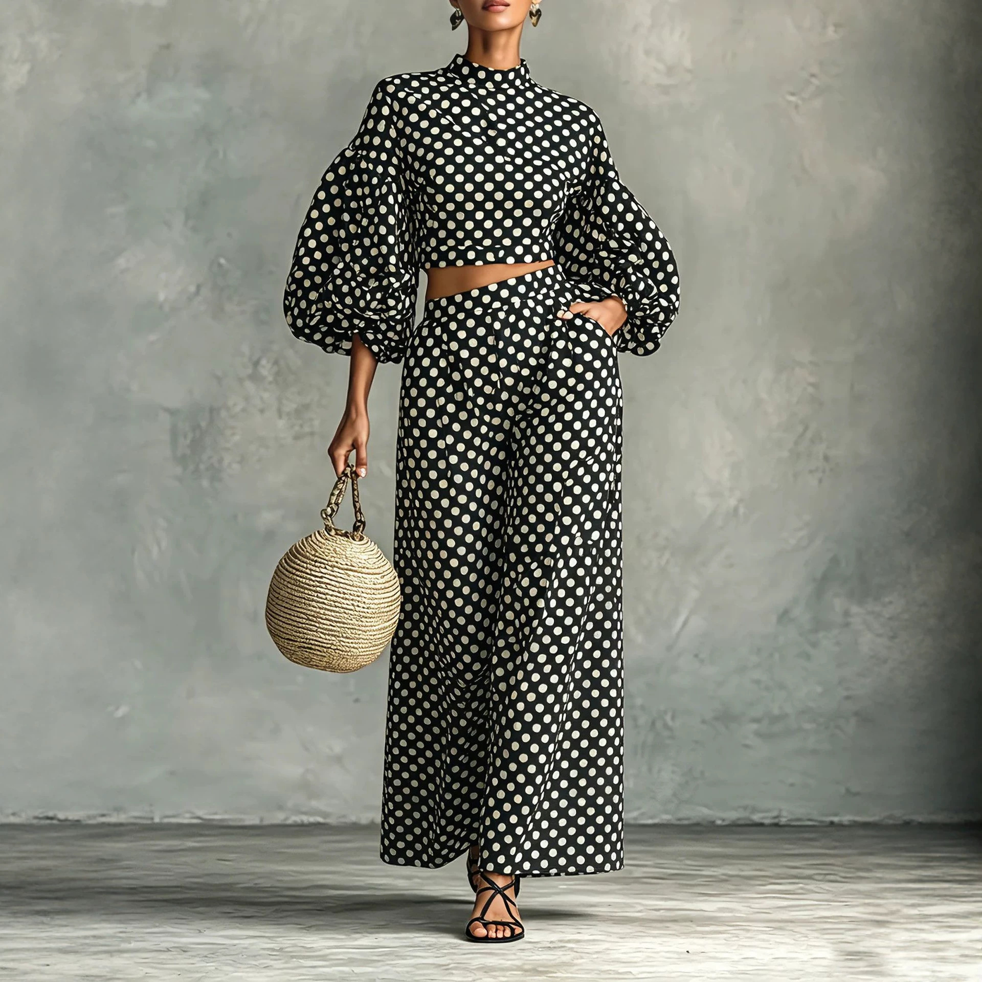 Polka Dot Lantern Sleeve Crop Top & High-Waist Wide-Leg Pants Two-Piece Set