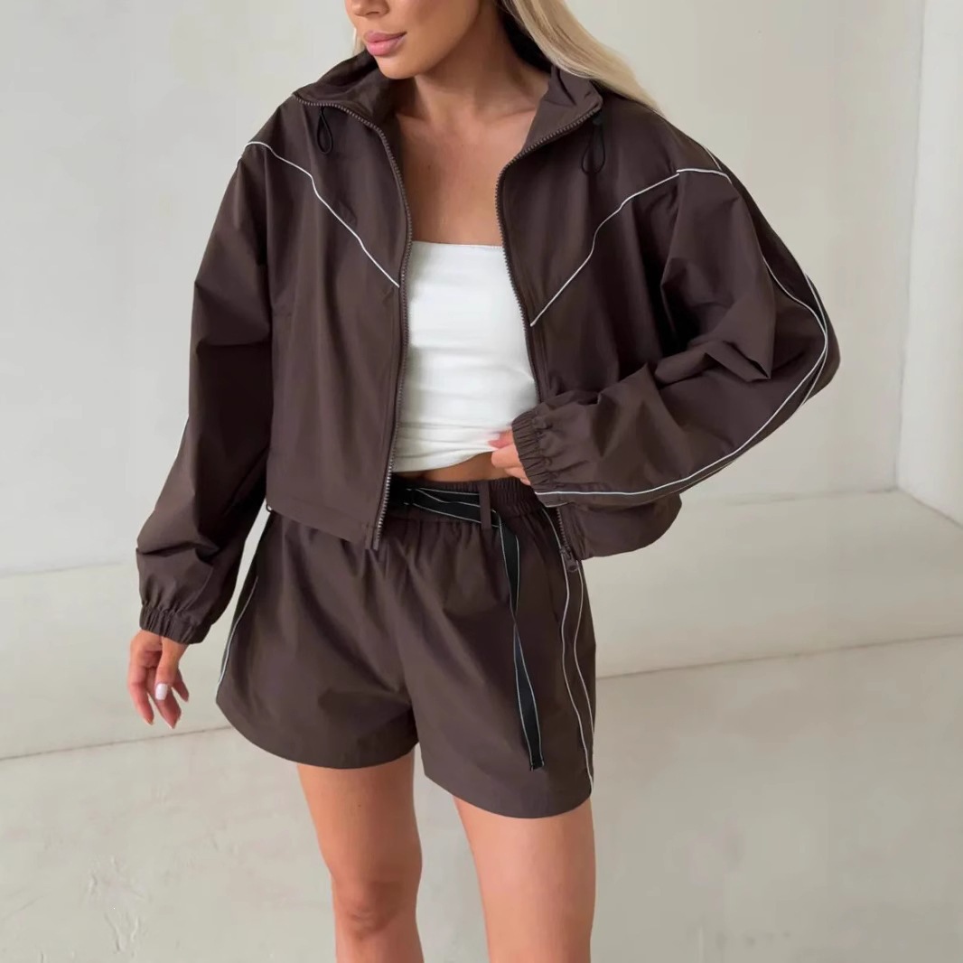 Women's Solid Color Zip-Up Cardigan and Elastic Shorts Two-Piece Set