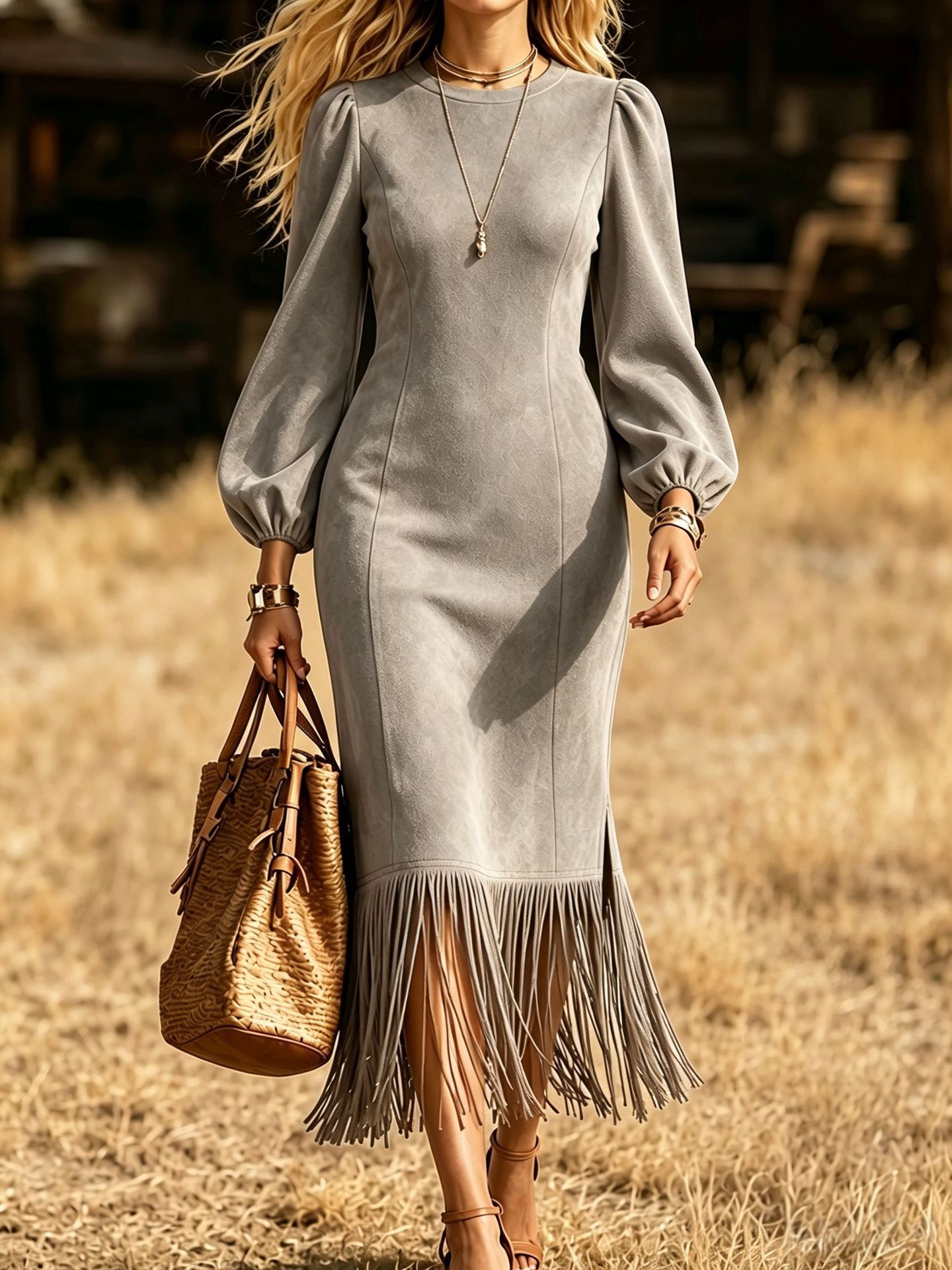 Suede Western Fringe Long Sleeve Midi Dress