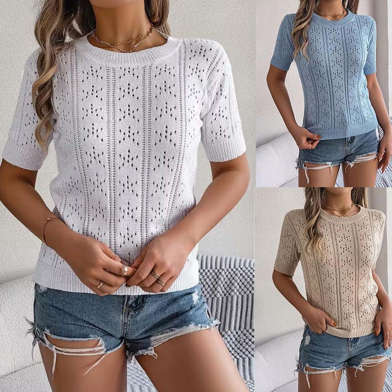 Women's Knit Hollow-Out Crewneck Short-Sleeve Top